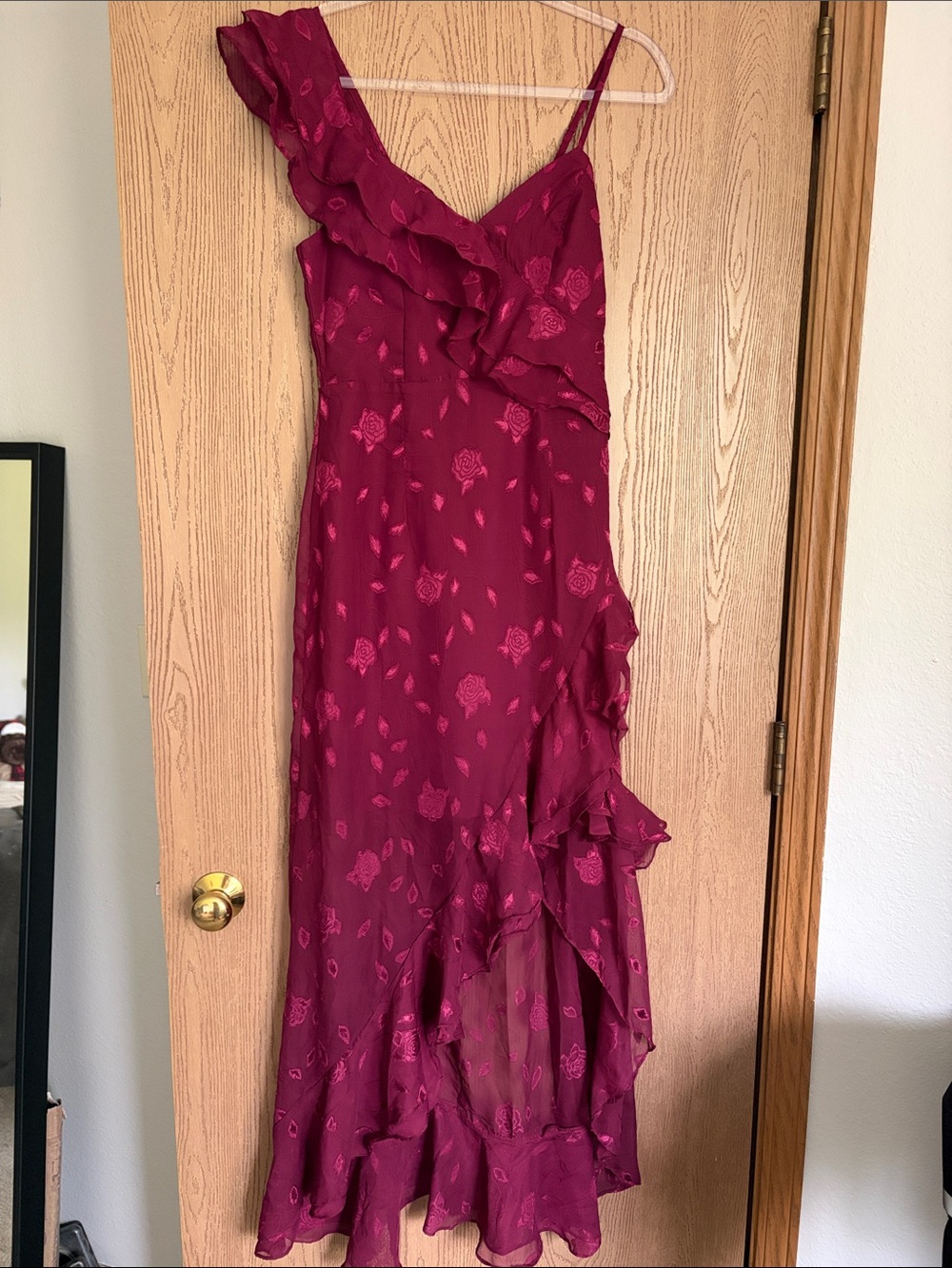 Lulu's Magenta One-Shoulder Ruffle Midi Dress
